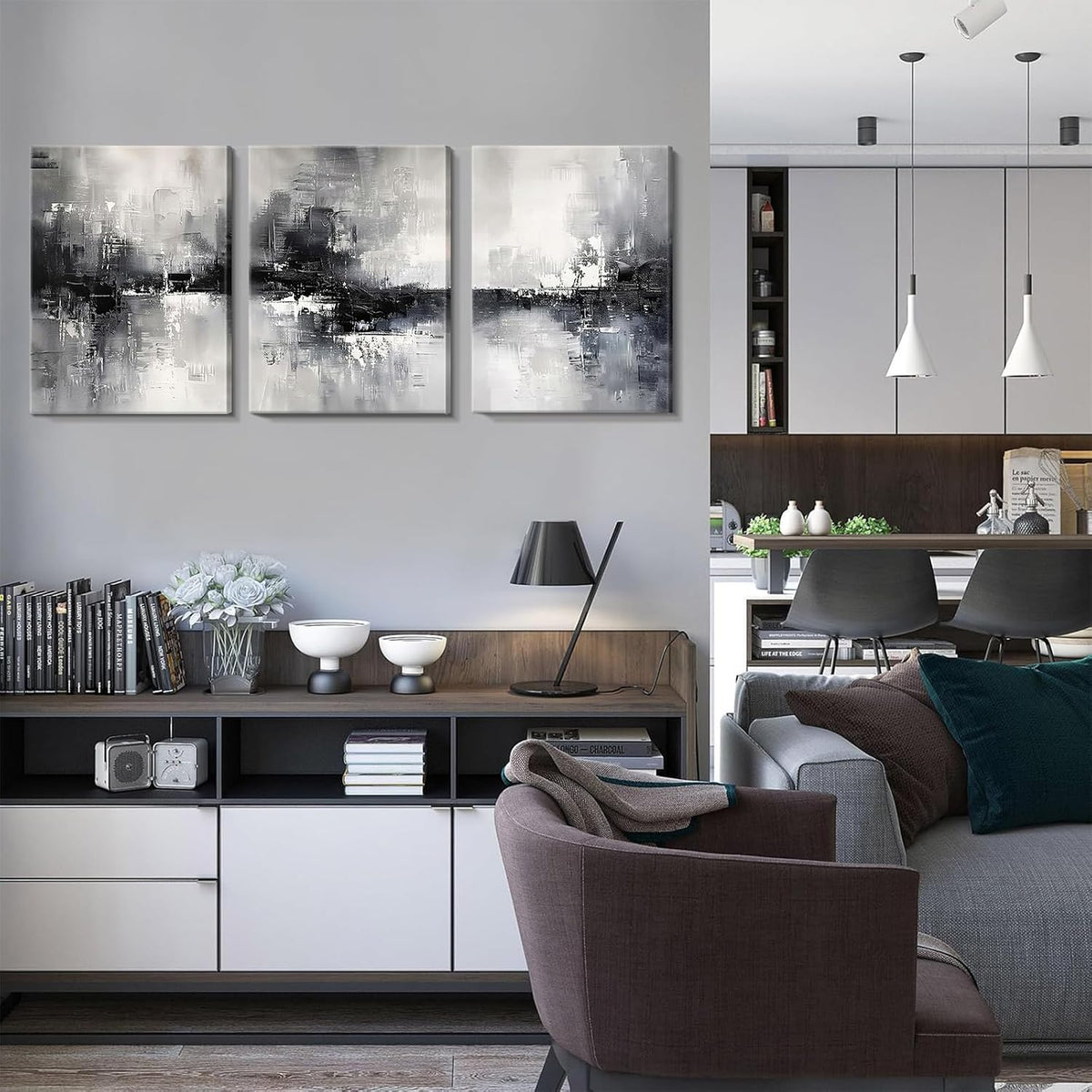 Dytila 3 Piece Large Black And White Abstract Wall Art Framed 12x16 Inch