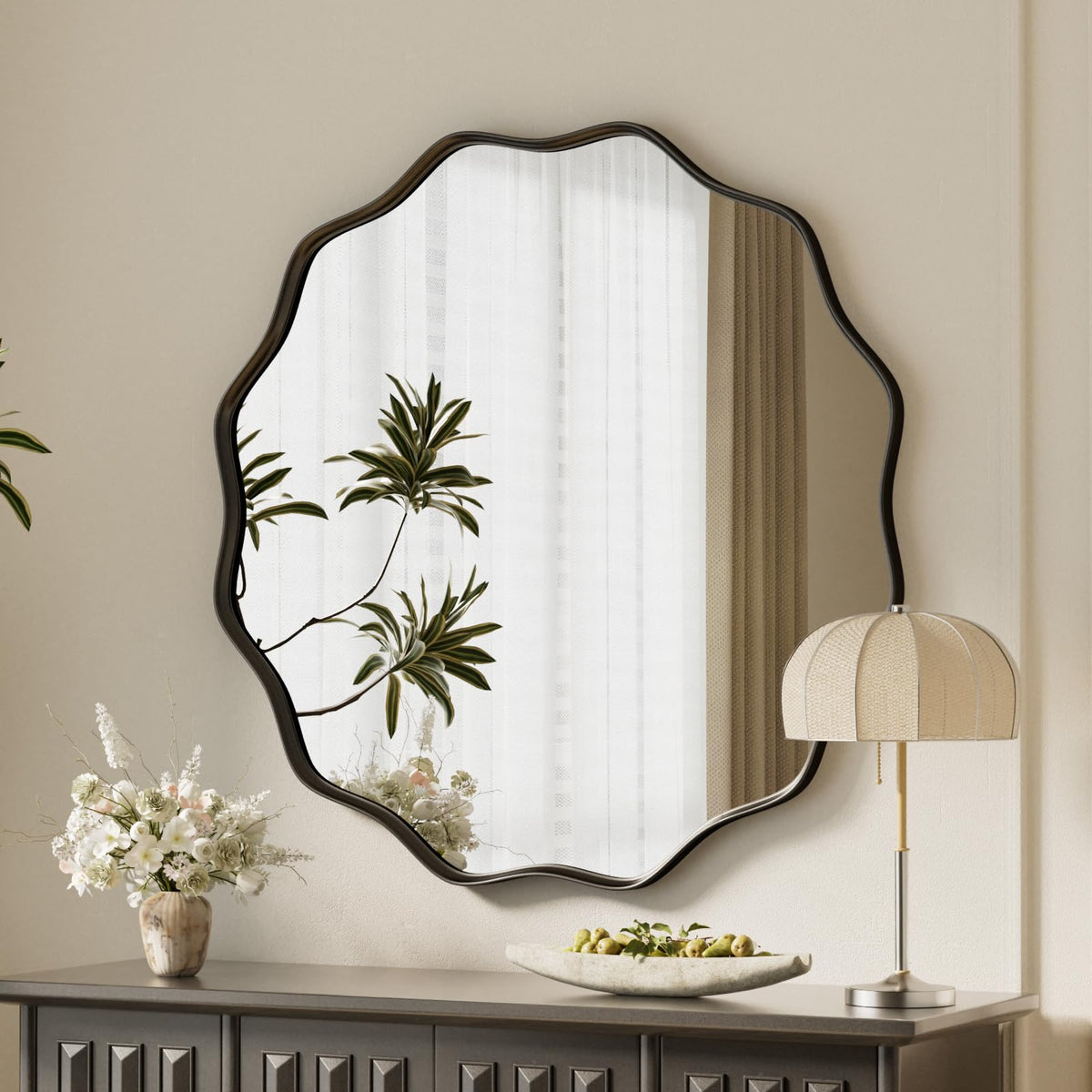 VooBang Gold Scalloped Circle Mirror, 24" Wavy Edge Round Wall Mirror