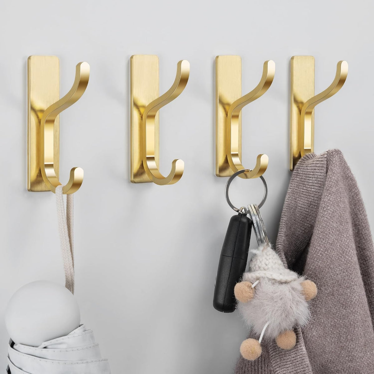 Adhesive Wall Hooks for Towel/Coat,13Lb Strong Stick-On Hooks, Gold 4 Pack