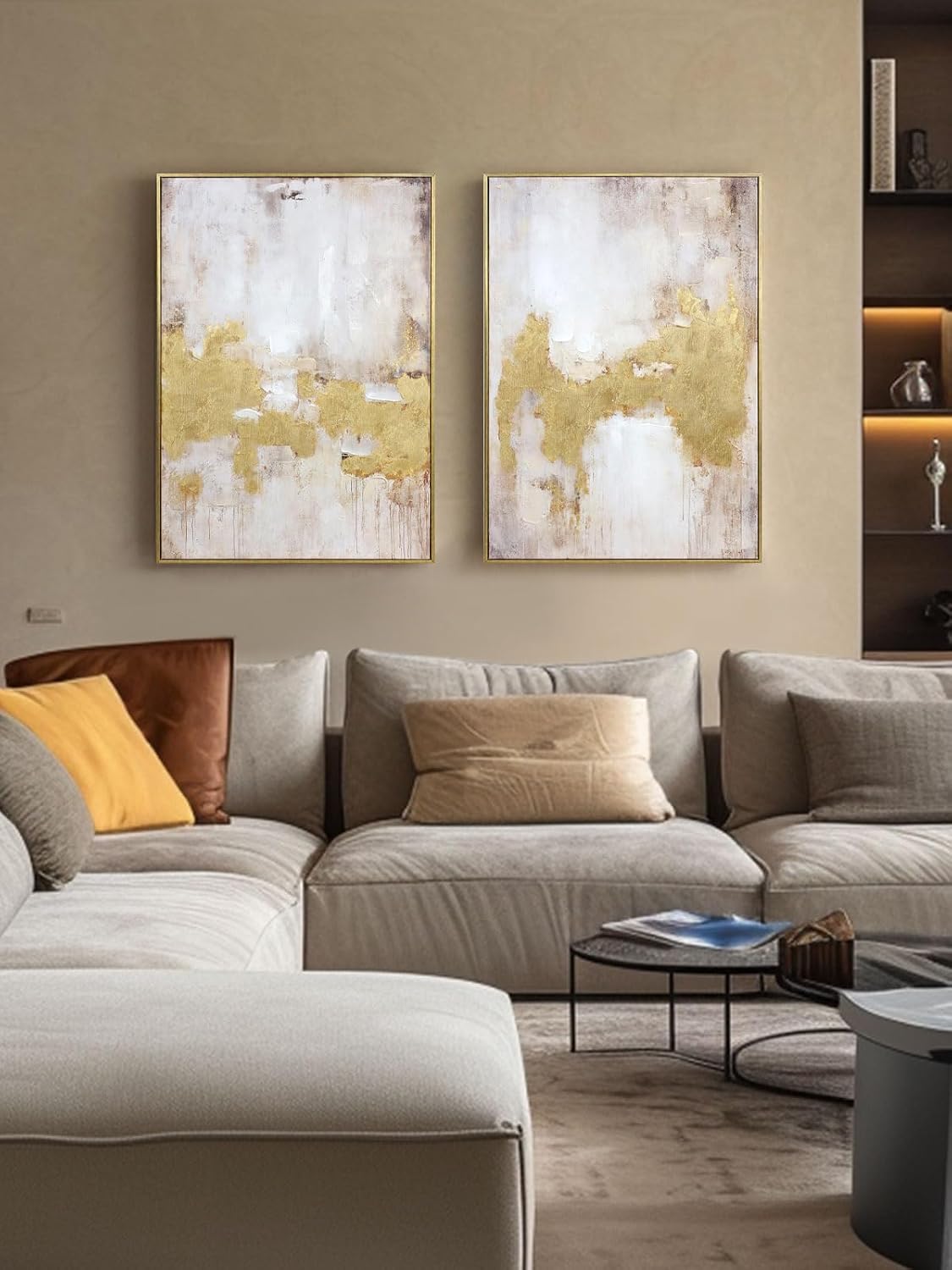 Zessonic Gold and Neutral Abstract Hand-Applied Brush Wall Art,20"x28"x2