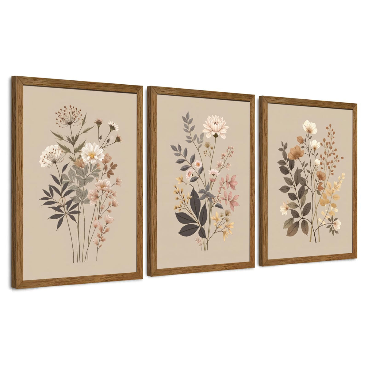 AVECCO 3 Piece Vintage Wildflower Botanical Framed Canvas Wall Art 12x16 in