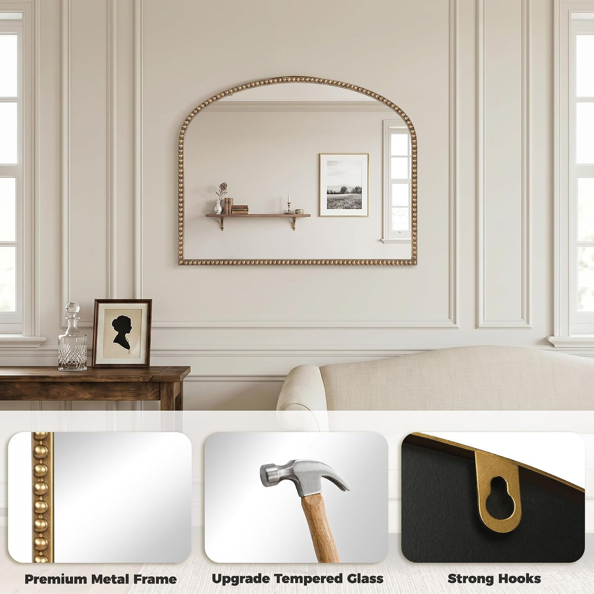 Antique Gold Arched Wall Mirror, 36" x 28" Beaded Mirror