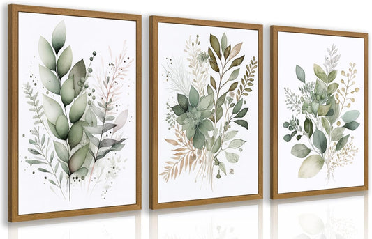 HLXRAE Neutral Sage Green Botanical Floral Wall Art, Wood Framed 12"x16"x3"