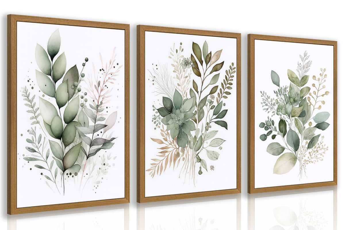 HLXRAE Neutral Sage Green Botanical Floral Wall Art, Wood Framed 12"x16"x3"
