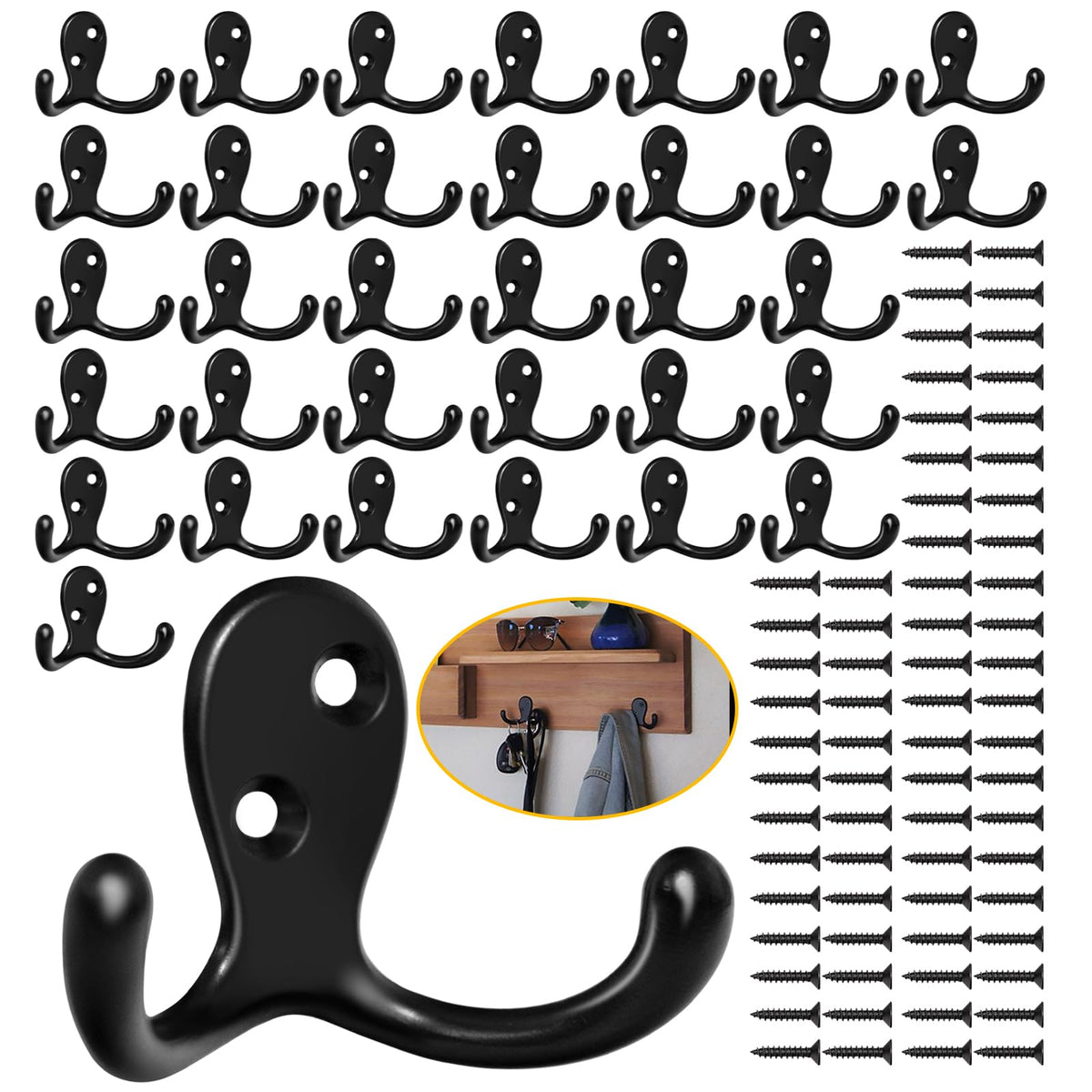 Homanu 14 Pack Black Coat Hooks Wall Mounted Double Prong with 28 Screws