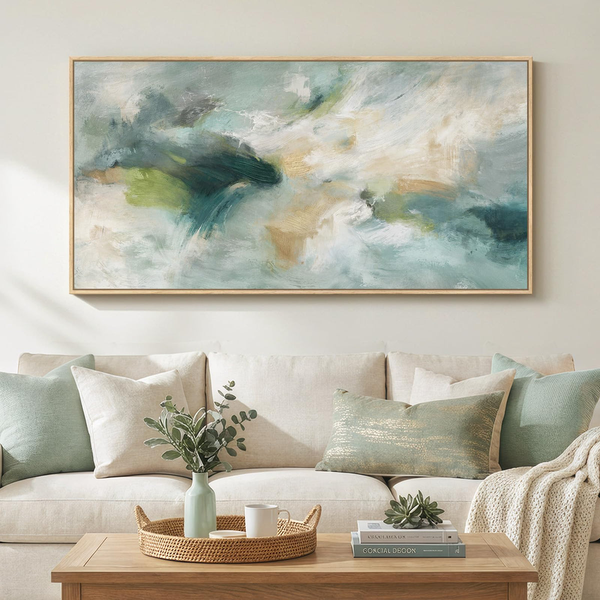 Large Framed Neutral Abstract Wall Art for Living Room, Horizontal 30x60 In