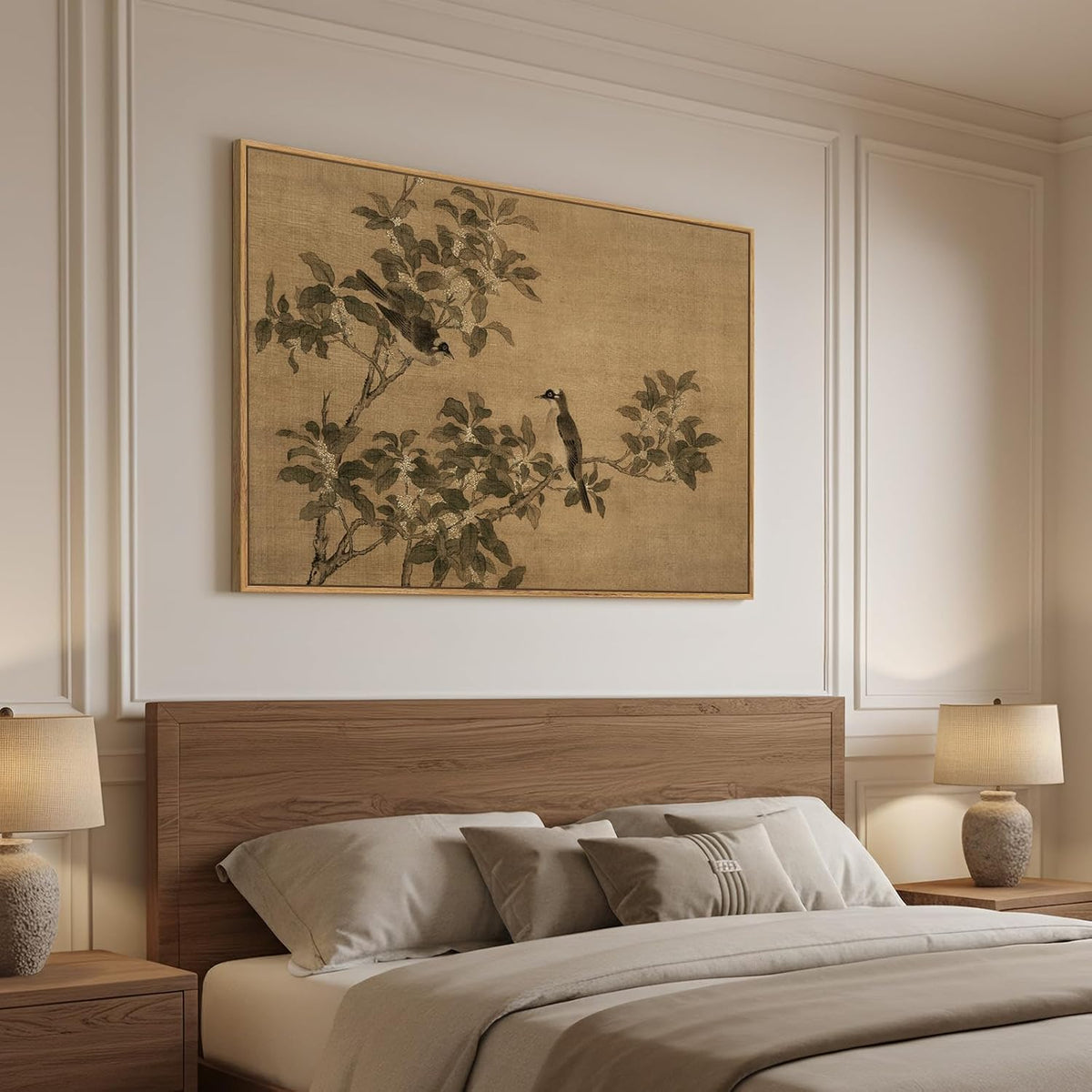 Framed Vintage Neutral Rustic Botanical Bird Chinoiserie wall art, 24x36 In