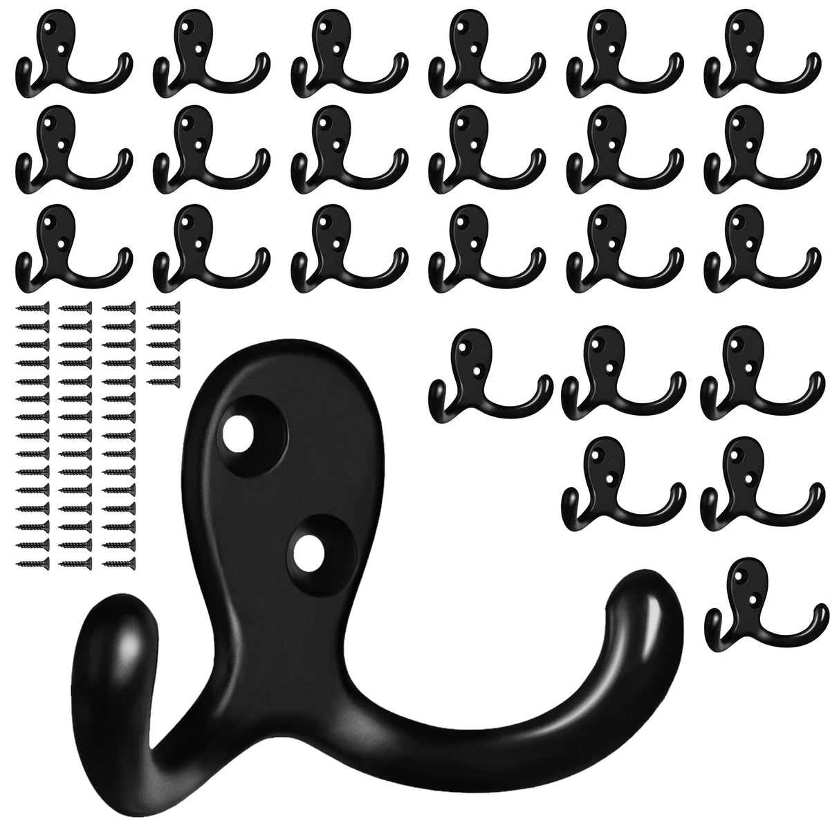 15 Pack Coat Hooks Wall Hooks for Hanging, Heavy Duty Double Prong Metal Hook Wall Mounted for Living Room, Bathroom, Kitchen, Bedroom for Coat, Bag, Scarf, Towel, Hat, Key, Cup (Black)