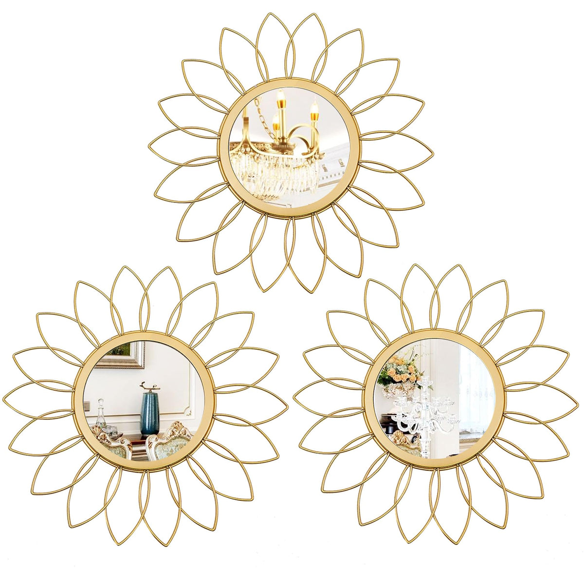 3 Pack Metal Mirrors for Wall Gold Sunburst Wall Mirror Home Decor Accent