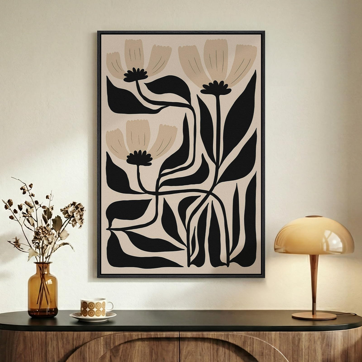 Large Framed Boho Abstract Brown Floral Wall Art for Living Room, 24x36 In