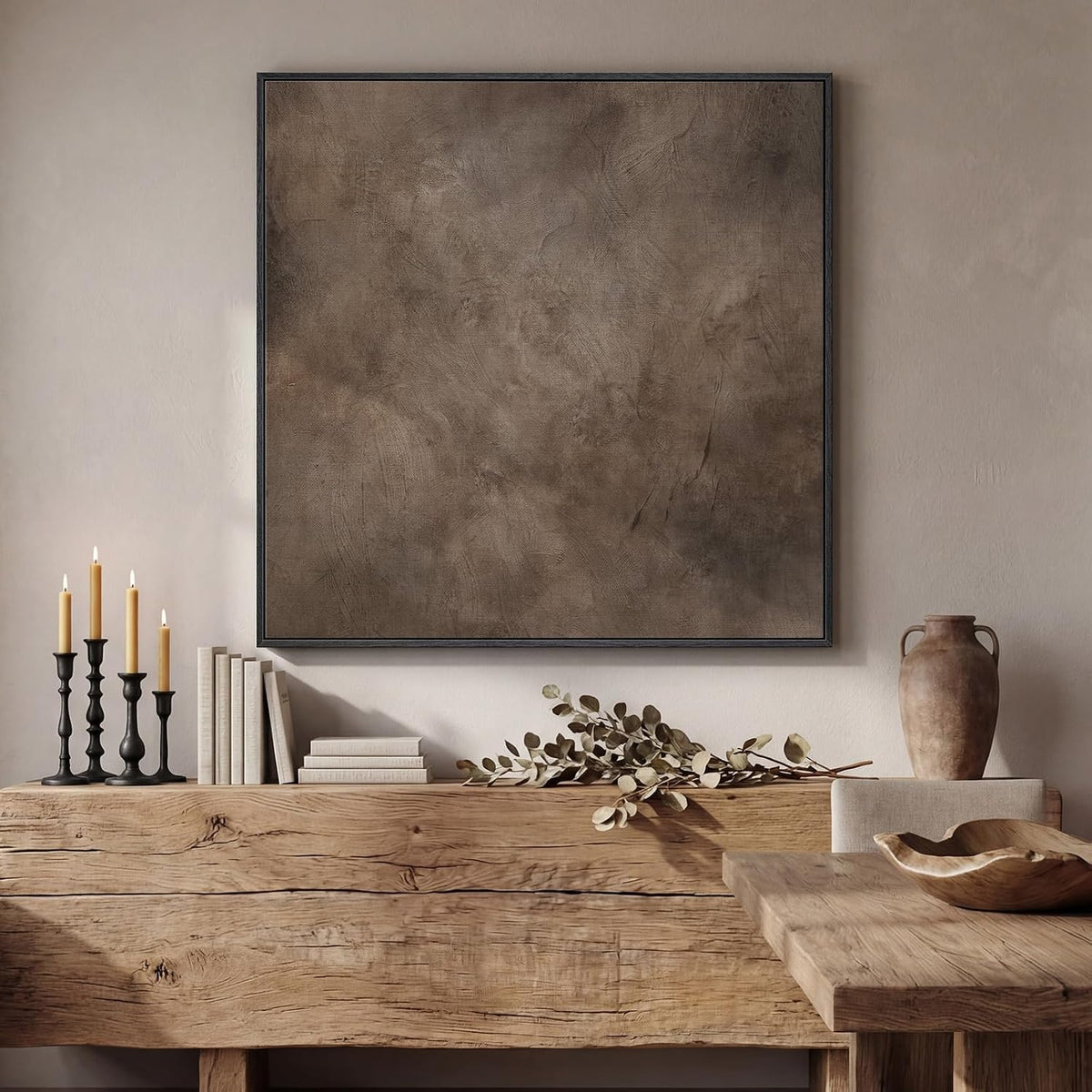 Framed Neutral Brown Abstract Canvas Wall Art for Living Room, 30x30 In
