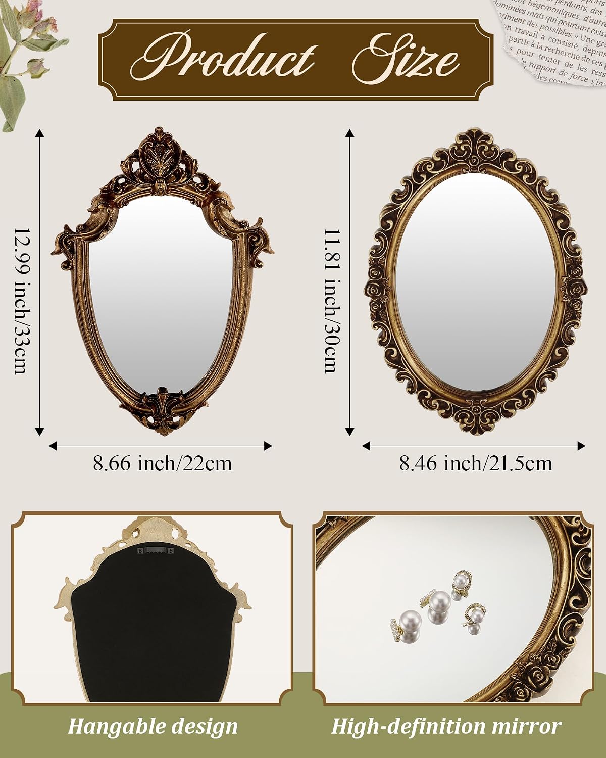 Wonderjune 3 Pcs Vintage Gold Wall Mirror Set, Classic Style