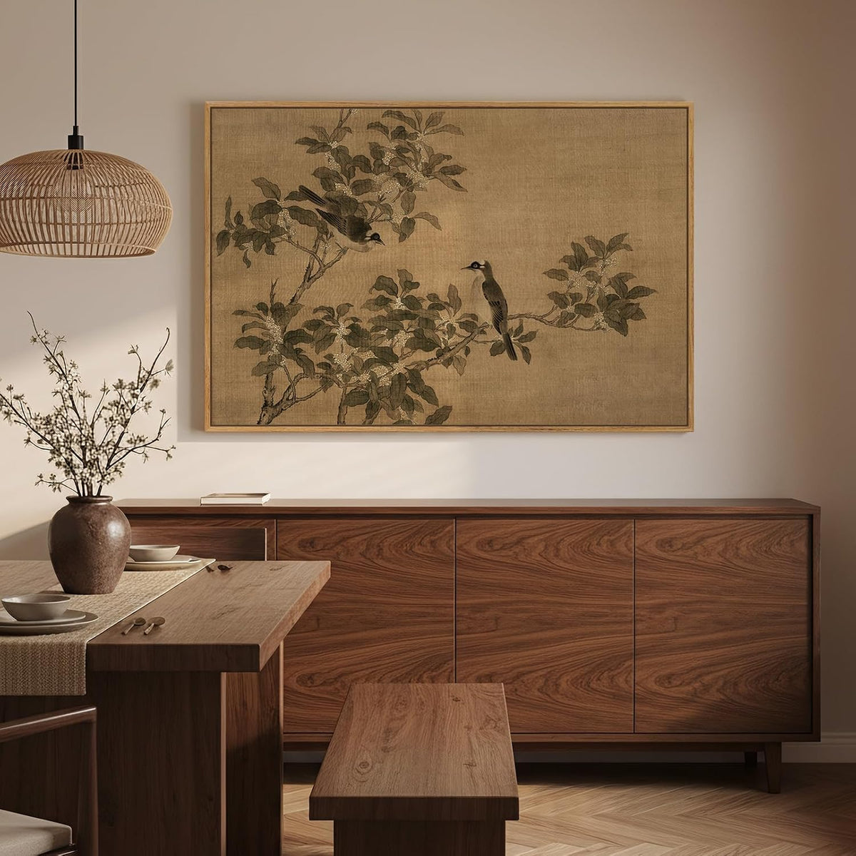 Framed Vintage Neutral Rustic Botanical Bird Chinoiserie wall art, 24x36 In