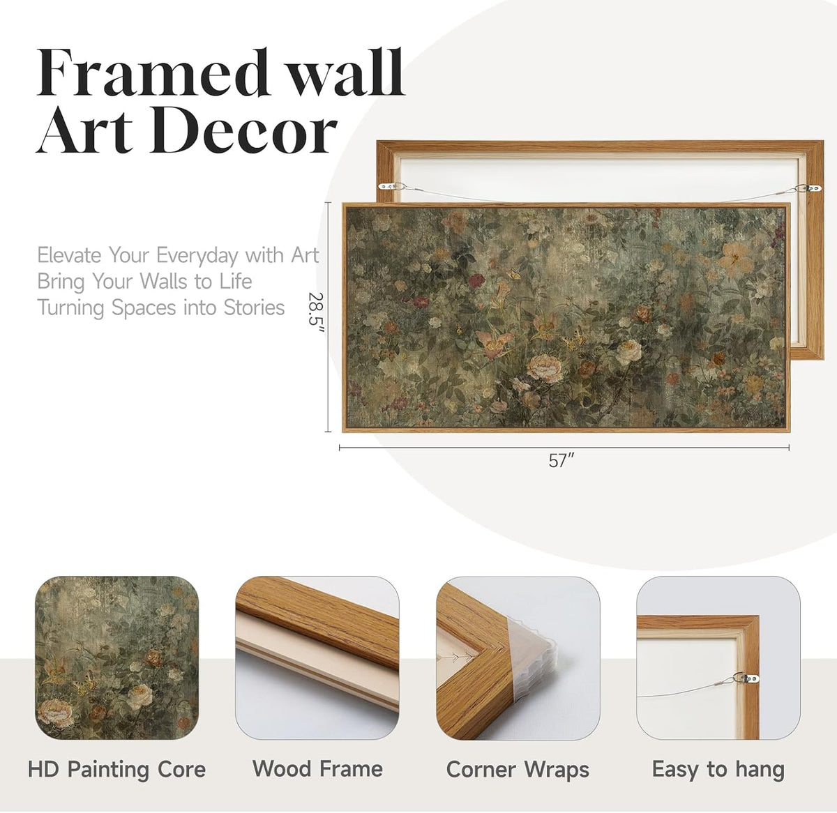 Extra Large Framed Vintage Rustic Floral Wall Art for Living Room, 60x30 In