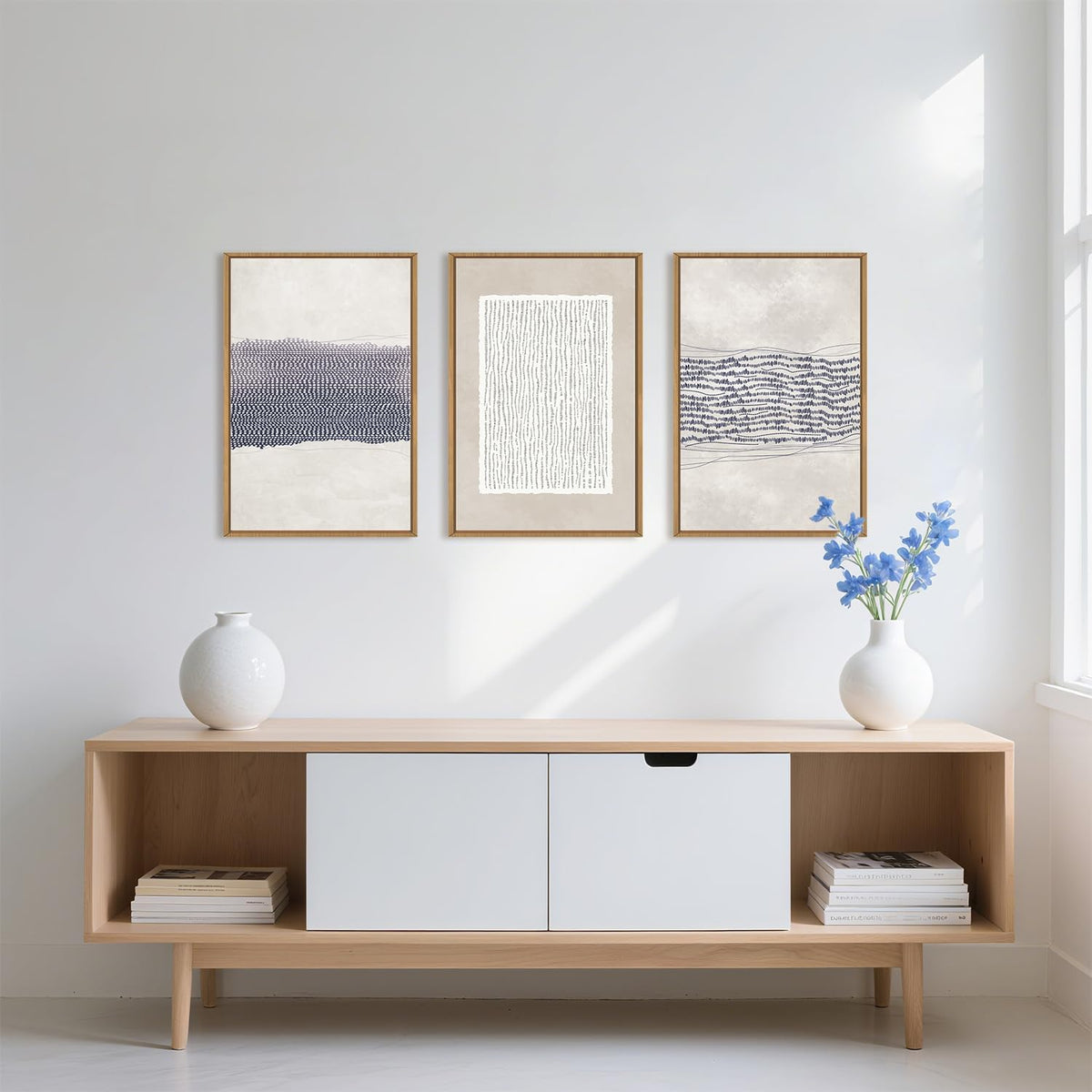 HOURIA Blue White Abstract Neutral Framed Canvas Wall Art Set- 16"x24"x3