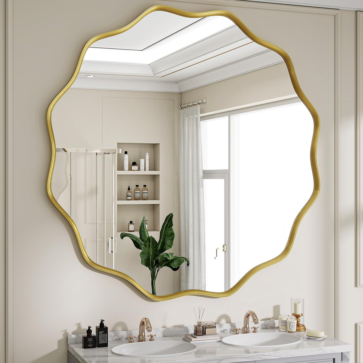 Wavy Round Mirror, 30" Scalloped Metal Frame Gold Circle Mirror