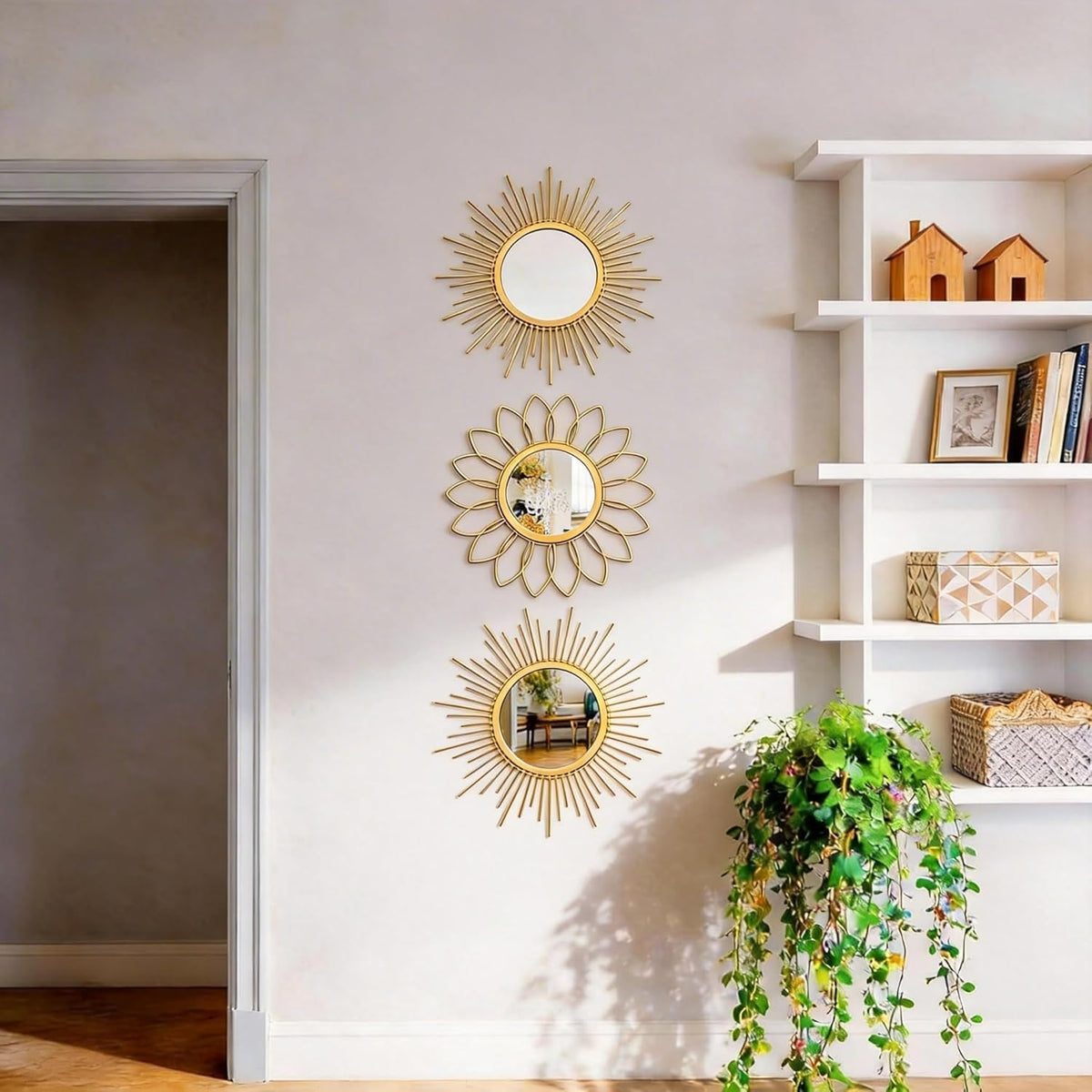 Boho Sunburst Wall Mirror Set of 3, 12 Inch Round Antique & Modern Metal Wall Art, Hanging Over The Door Mirrors for Wall Decor in Living Room, Bedroom, Bathroom, Entryway（Gold）