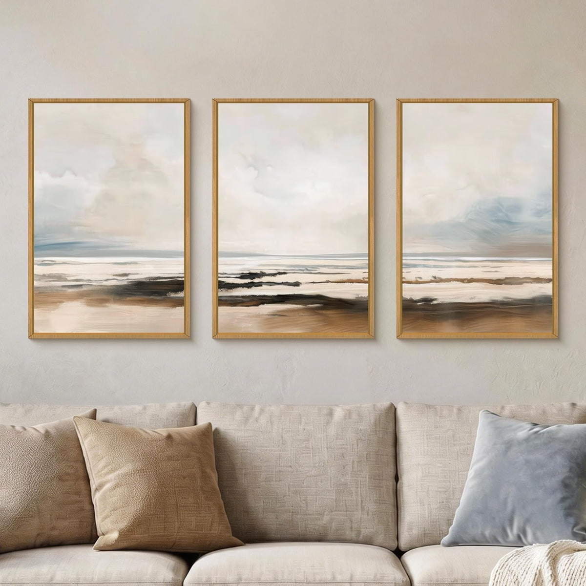 HOURIA Blue White Abstract Neutral Framed Canvas Wall Art Set- 16"x24"x3