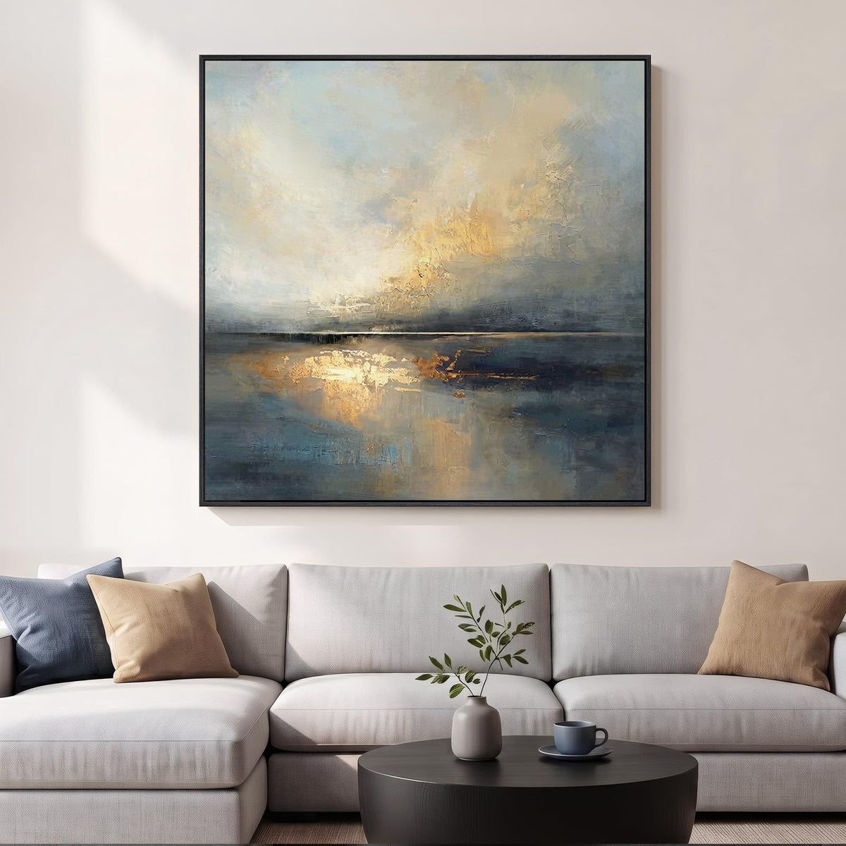 Framed Neutral Organic Abstract Canvas Wall Art for Dining Room, 30x30 Inch
