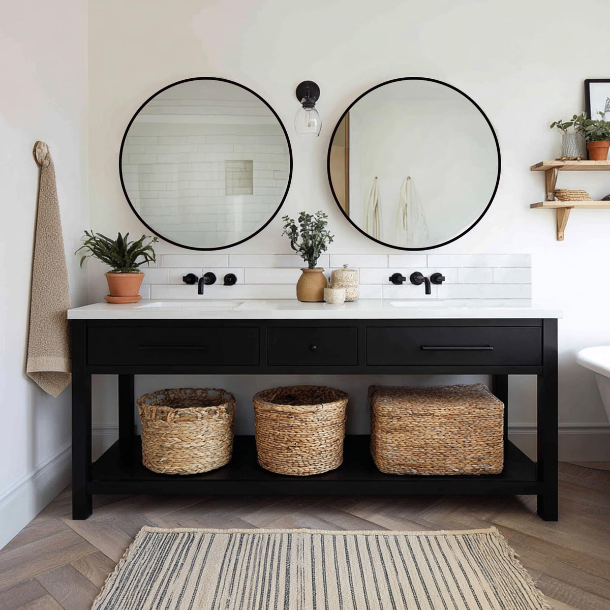 Sunniry Black Round Mirror, Round Mirror 24 inch, Matte Black Metal Frame