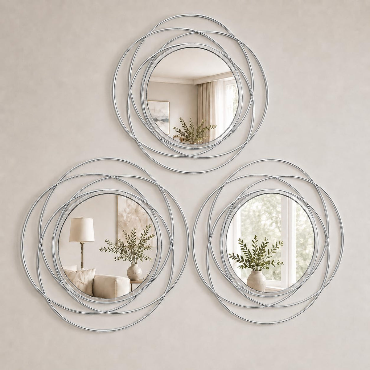 Boho Sunburst Wall Mirror Set of 3, 12 Inch Round Antique & Modern Metal Wall Art, Hanging Over The Door Mirrors for Wall Decor in Living Room, Bedroom, Bathroom, Entryway（Gold）