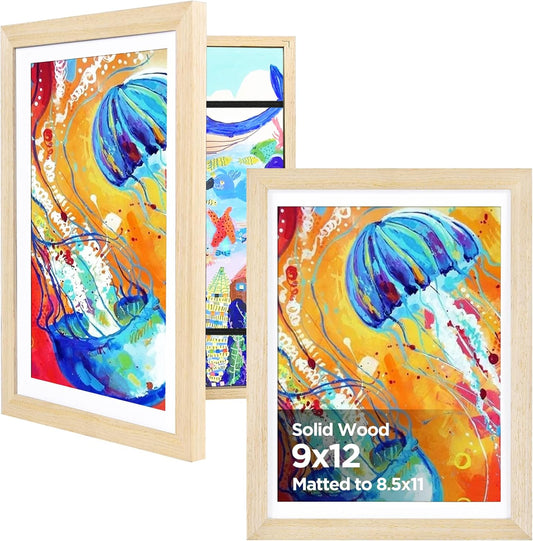 KINLINK 9x12 Kids Art Frame, Natural Artwork Frames 2 Pack