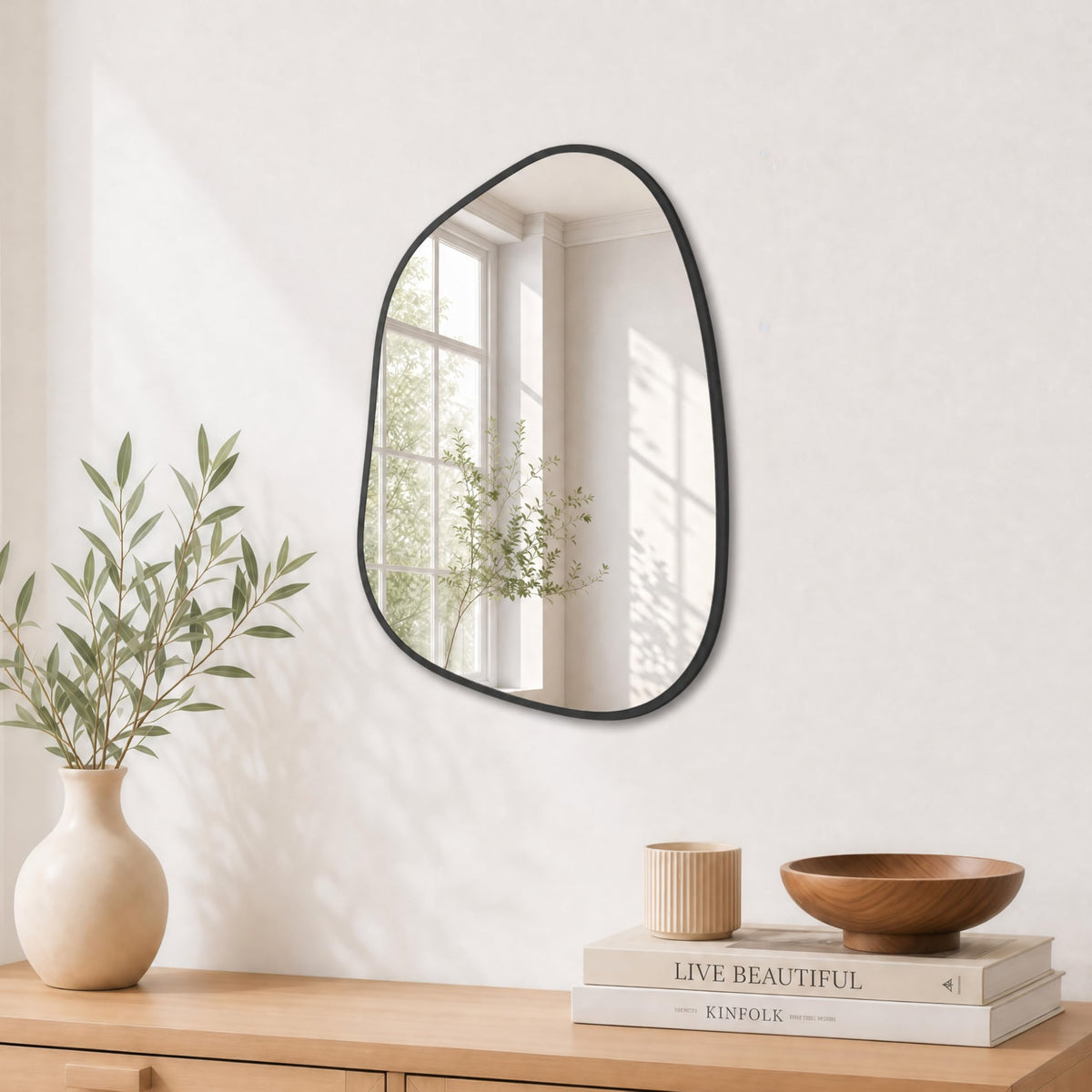 PERFNIQUE Irregular Asymmetrical Wall Mirror, 32"x24" Gold Bathroom Mirror