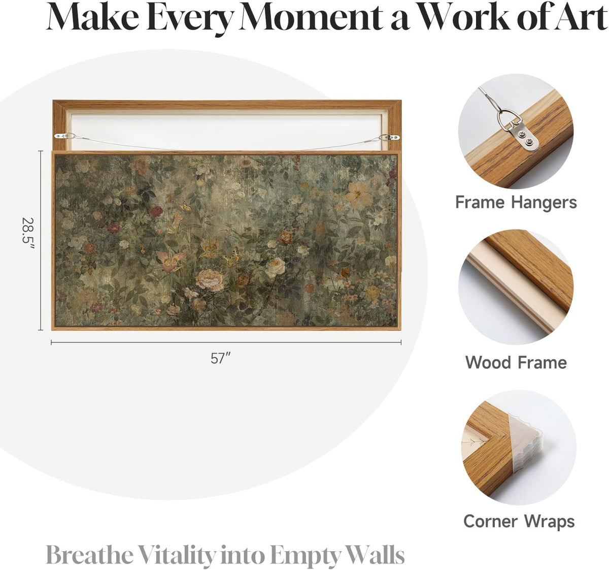 Extra Large Framed Vintage Rustic Floral Wall Art for Living Room, 60x30 In