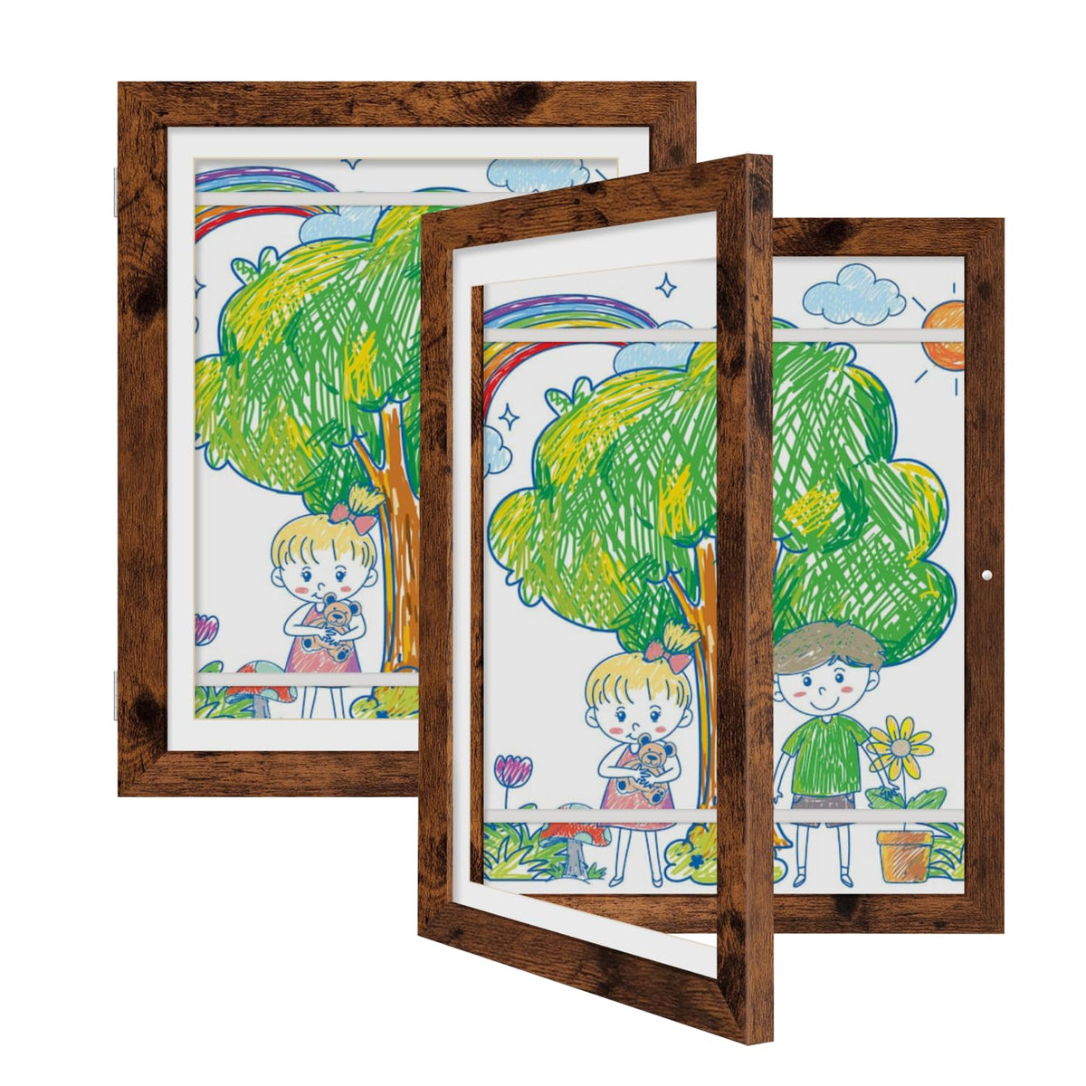 iRahmen Kids Art Frames 8.5x11 Set of 2 - Front Opening Childrens Picture Frame Changeable, Wood Artwork Display Storage for Wall Mount, Magnetic Door Holds 50 Art Pieces for Drawings, 3D Picture, Crafts, Portfolio, Brown