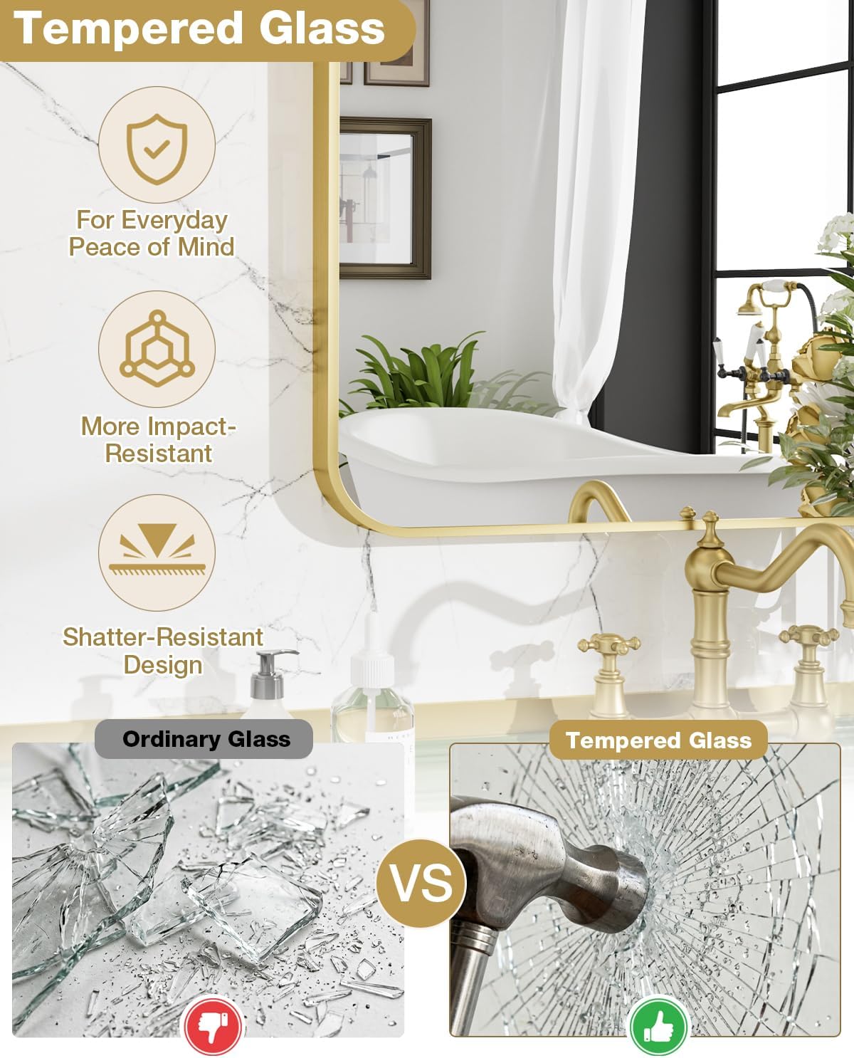 24"x36" Brushed Gold Bathroom Mirror, Rectangle Vanity Mirror for Over Sink