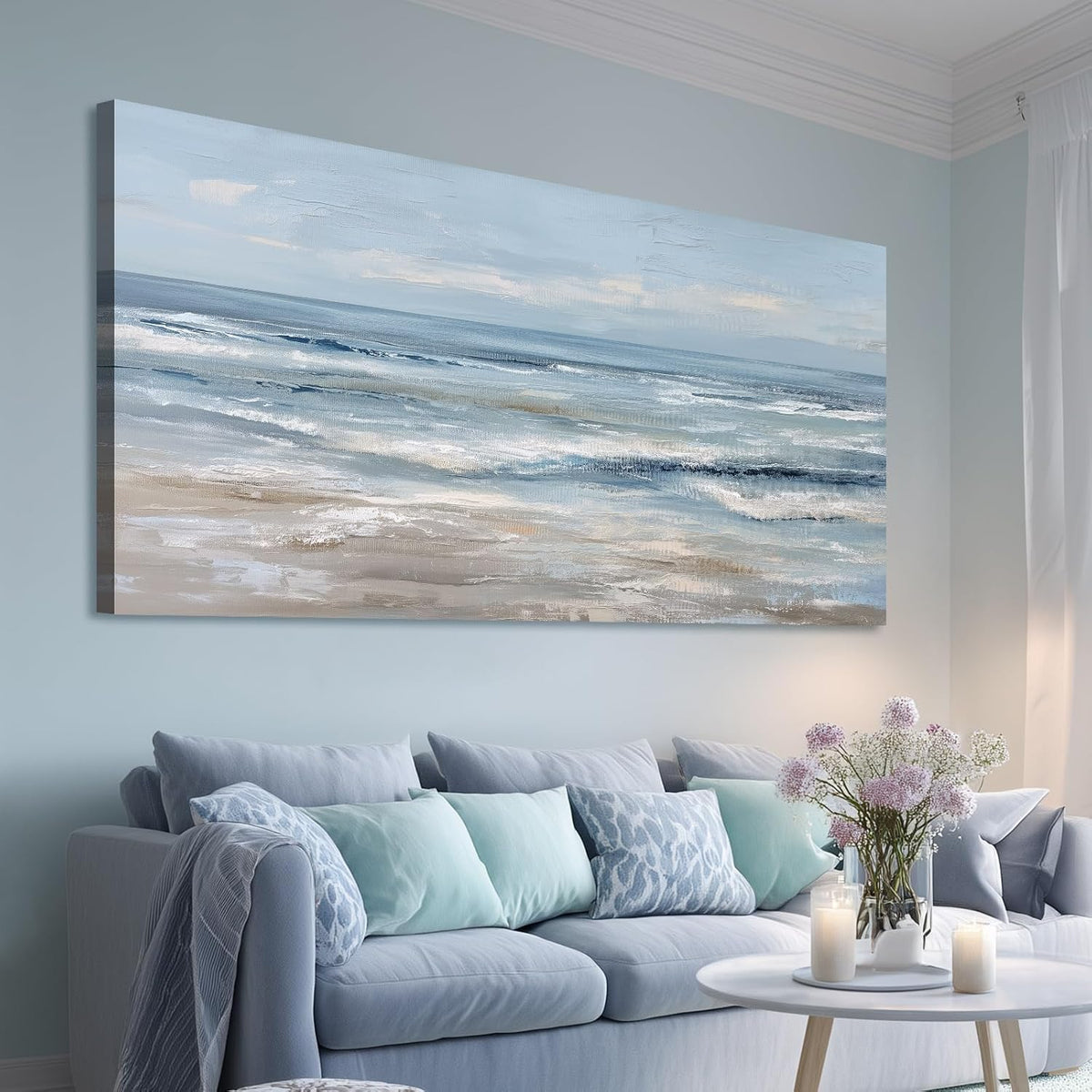 BewDalky Abstract Coastal Beach Wall Art Blue Ocean Waves Canvas Prints Modern Minimalist Landscape Painting Seascape Pictures Artwork for Living Room Bedroom Bathroom Beachy House Wall Decor 20"x40"