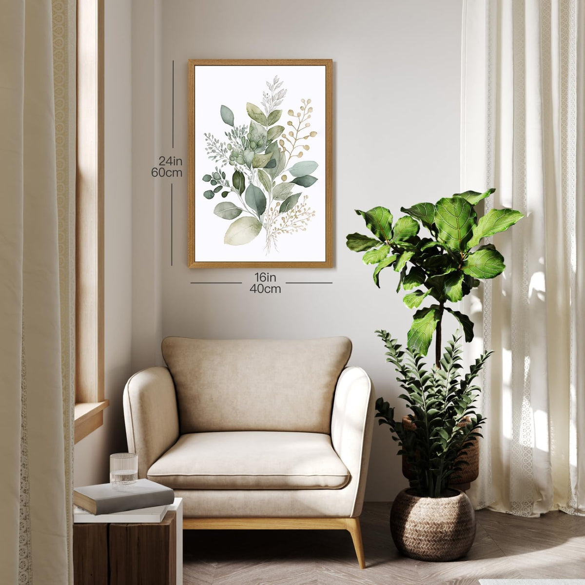 HLXRAE Neutral Sage Green Botanical Floral Wall Art, Wood Framed 12"x16"x3"
