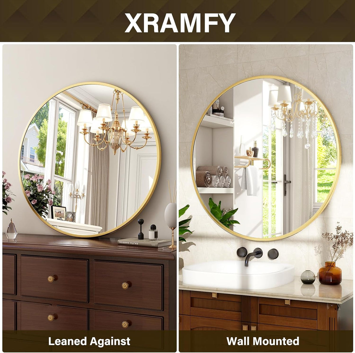 XRAMFY 30 Inch Round Mirror-Gold Circle Mirrors for Bathroom, Entryway