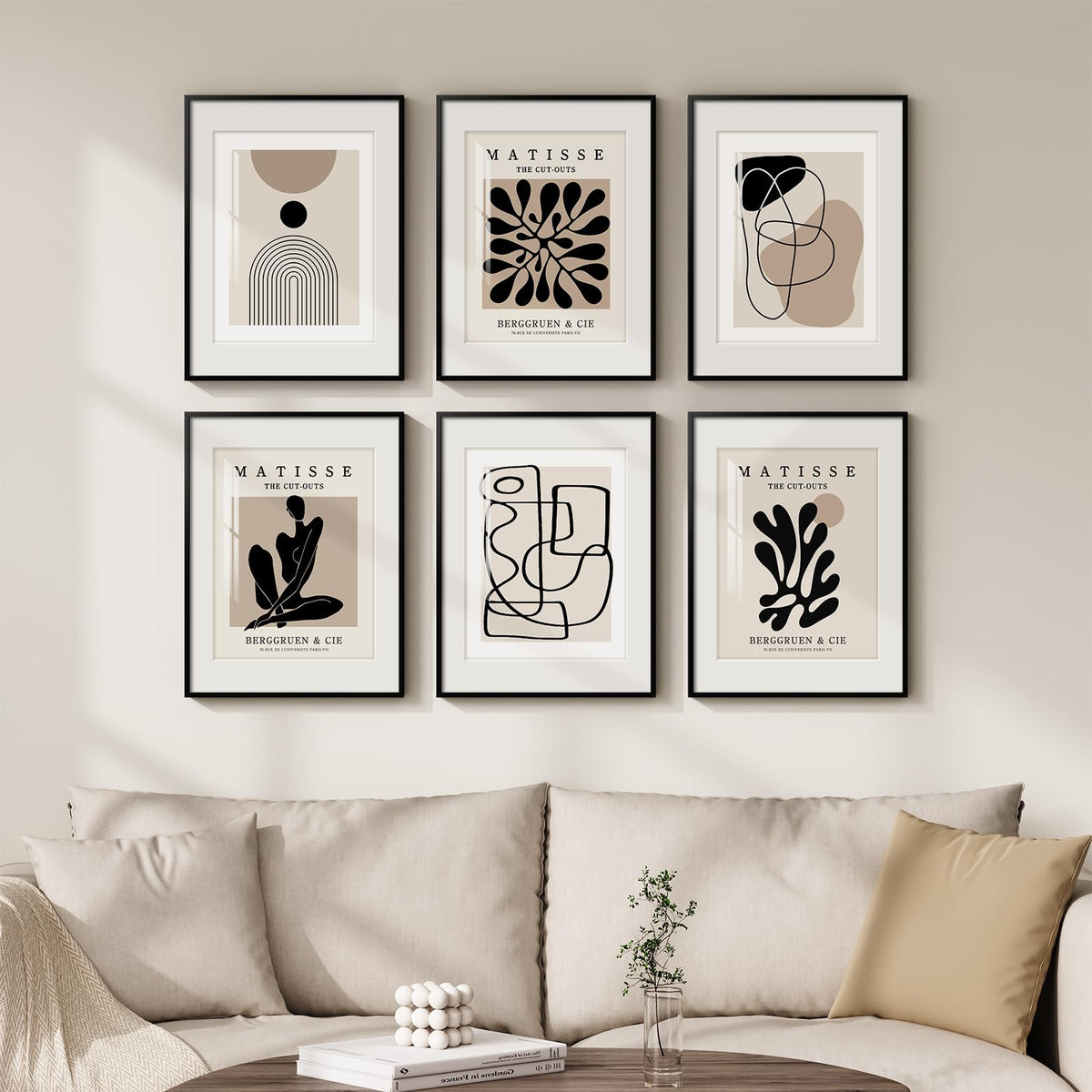 Framed Boho Black and White Brown Modern Abstract Wall Art for Living Room