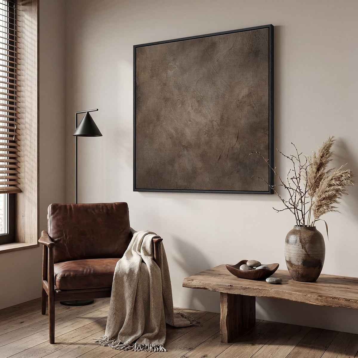 Framed Neutral Brown Abstract Canvas Wall Art for Living Room, 30x30 In
