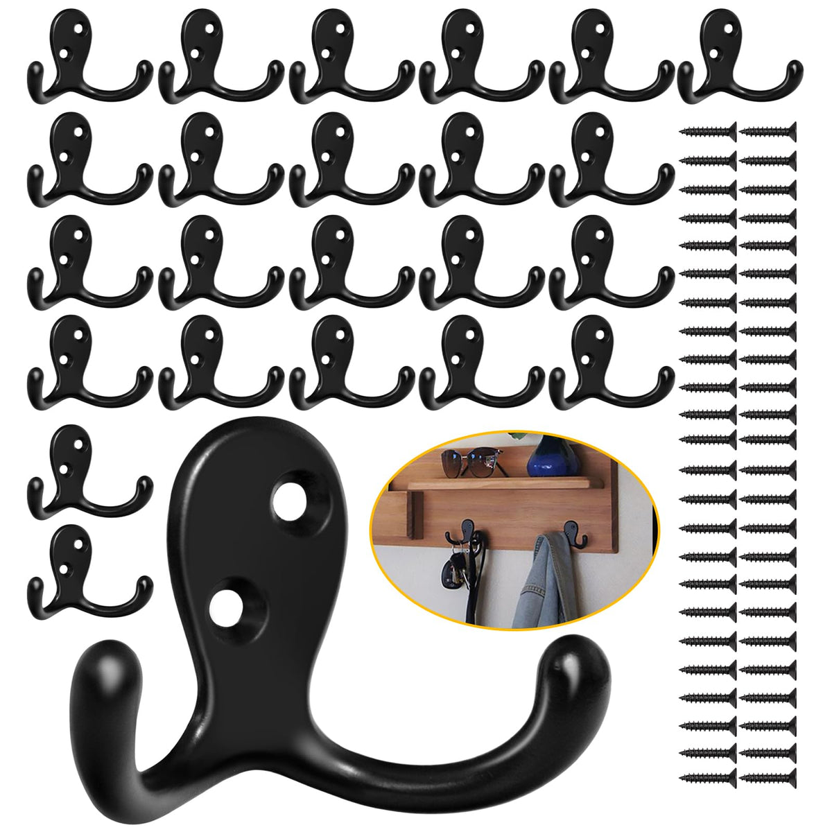 Homanu 14 Pack Black Coat Hooks Wall Mounted Double Prong with 28 Screws