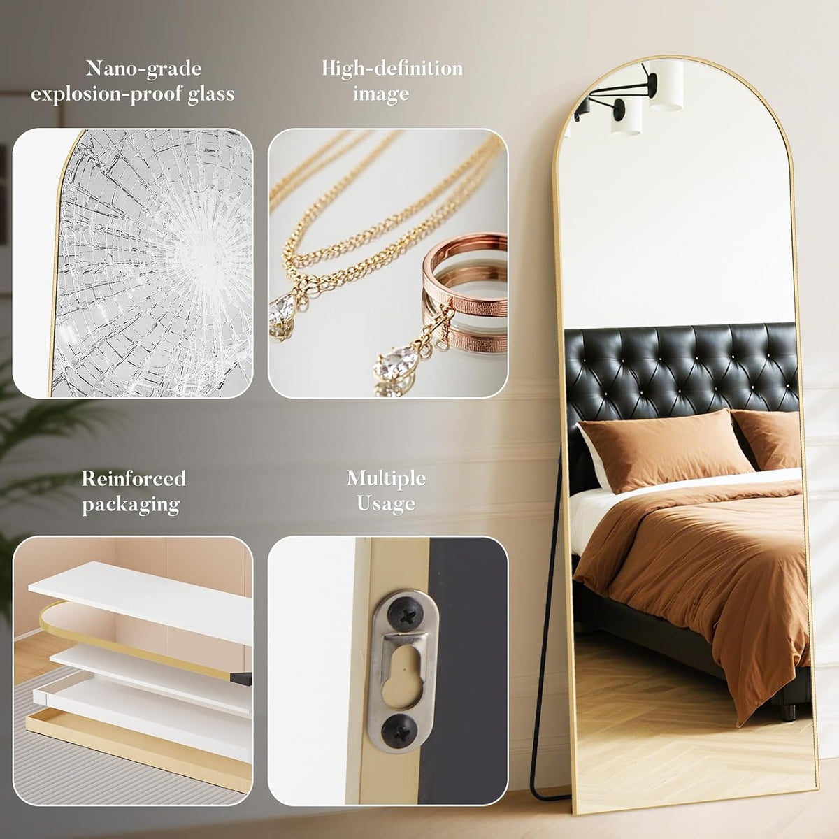 DUMOS 64"x21" Arched Full Length Floor Mirror, Full Body Mirror, Gold