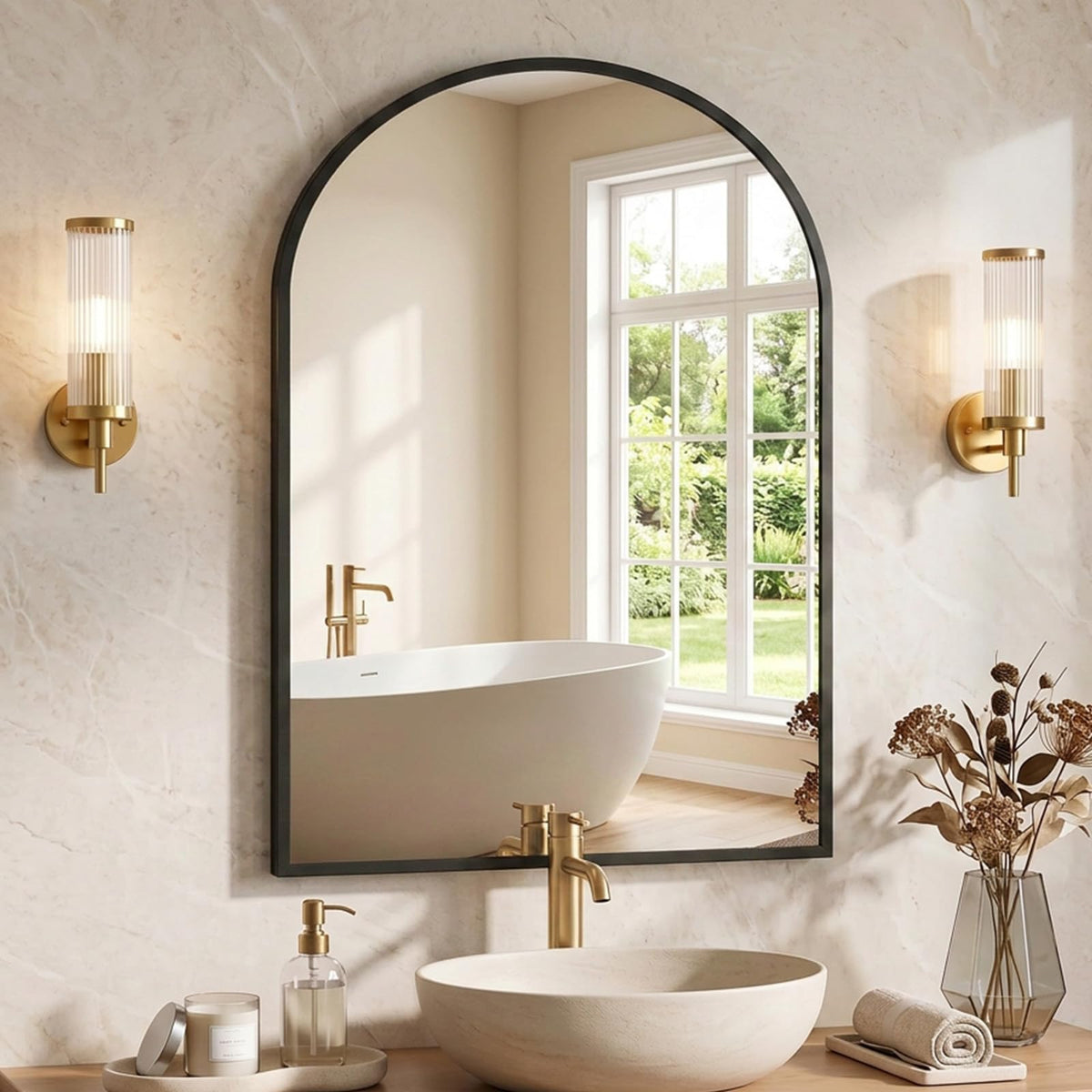 NEWBULIG 20X30 Inch Arched Bathroom Wall Mirror for Over Sink, Gold