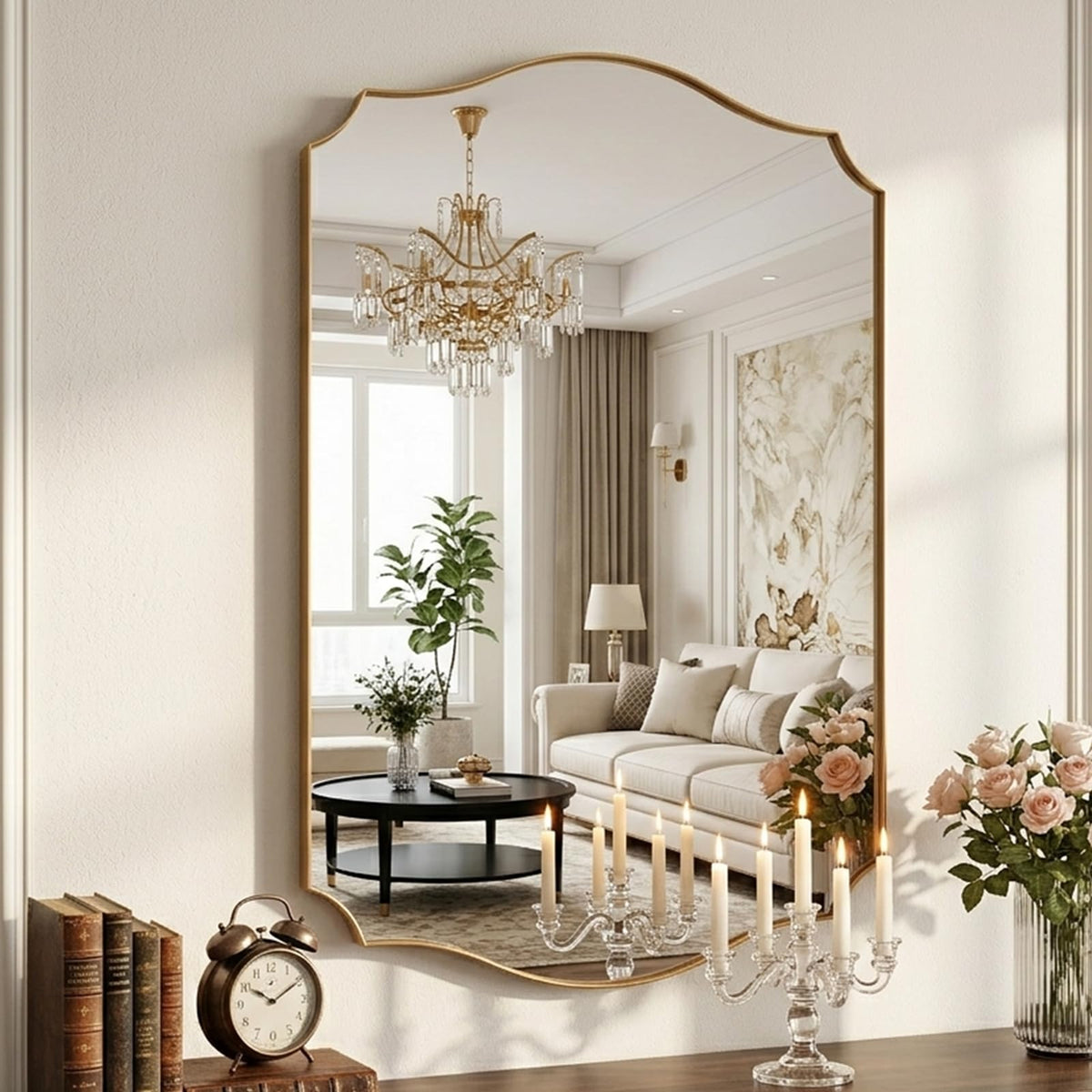 Gold Vanity Wall Mirror 30"x22", Scalloped Edge Bathroom Mirror