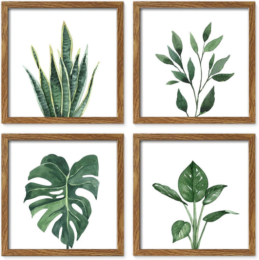 ArtbyHannah Framed Bathroom Wall Art Decor, 10x10 Botanical Artwork Walnut