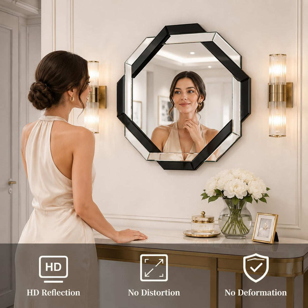 Black Bathroom Mirror-24”X24” Wall Mirrors Decorative, Beveled Edge Frameless Mirror for Wall Bathroom, Vanity Room, Bedroom, Living Room and Enterway