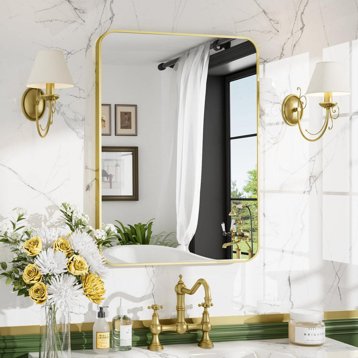 24"x36" Brushed Gold Bathroom Mirror, Rectangle Vanity Mirror for Over Sink