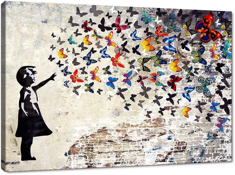 Banksy Wall Art Graffiti Street Giclee Canvas Paintings Poster and Prints Kid Wall Pictures girl Figure Street Picture Artwork Modern Framed Art for Home Wall Decor 24”Wx36”H