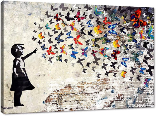 Banksy Wall Art Graffiti Street Giclee Canvas Paintings Poster and Prints Kid Wall Pictures girl Figure Street Picture Artwork Modern Framed Art for Home Wall Decor 24”Wx36”H