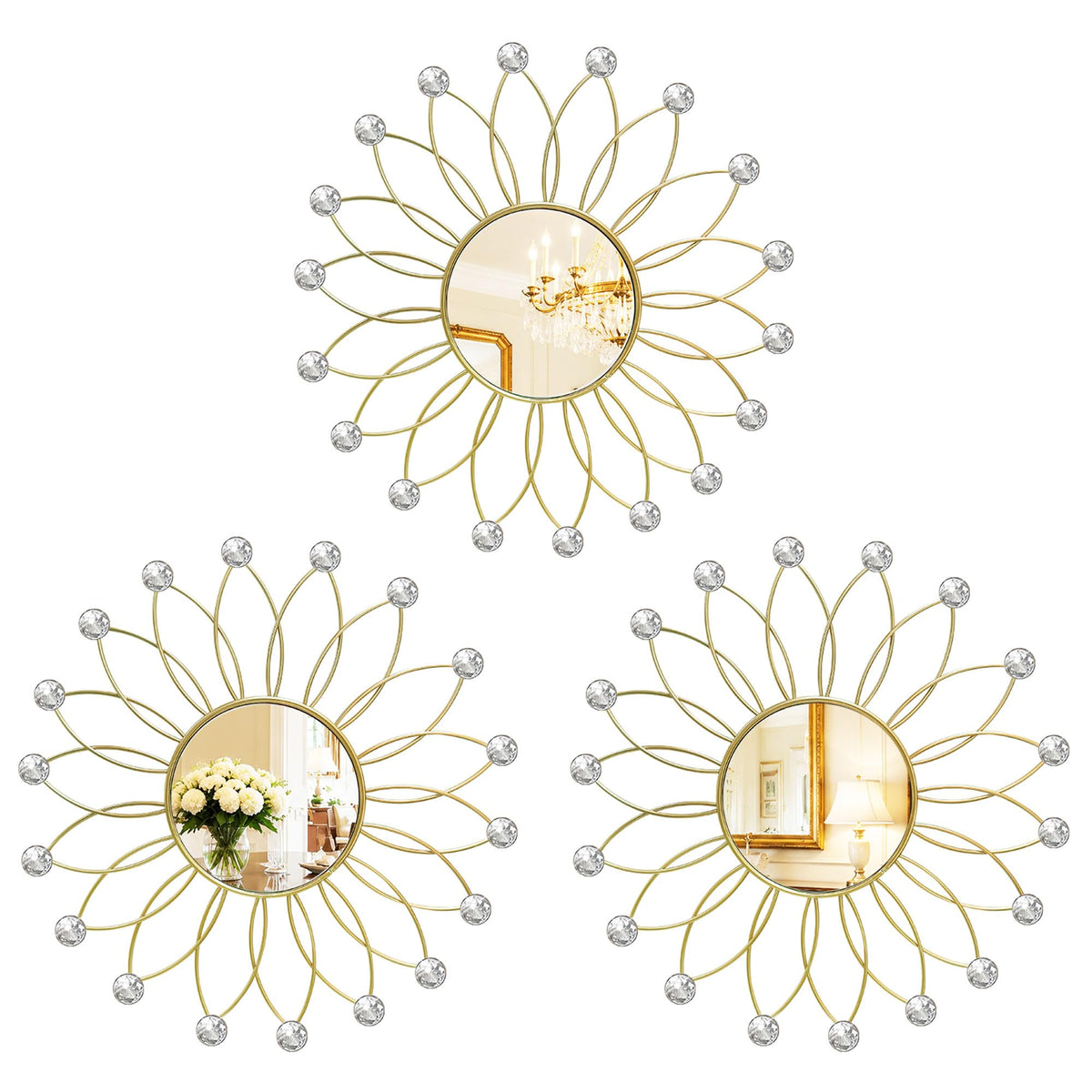 3 Pack Metal Mirrors for Wall Gold Sunburst Wall Mirror Home Decor Accent