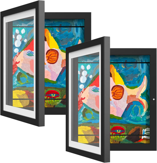 2 Pack Kids Art Frame, Kids Artwork Frames Changeable 8 x10.5 with Mat and 9 x12 Without Mat, Black Front Opening Children Picture Storage Frame for Wall Holds 50Pcs Crafts, Drawing, Art Projects