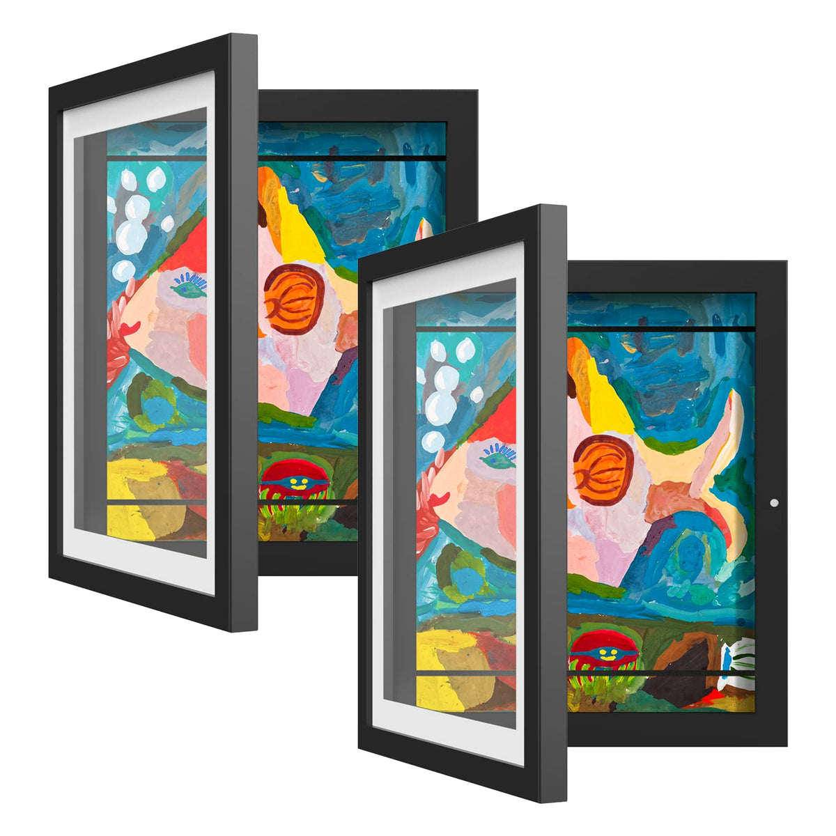 2 Pack Kids Art Frame, Kids Artwork Frames Changeable 8 x10.5 with Mat and 9 x12 Without Mat, Black Front Opening Children Picture Storage Frame for Wall Holds 50Pcs Crafts, Drawing, Art Projects