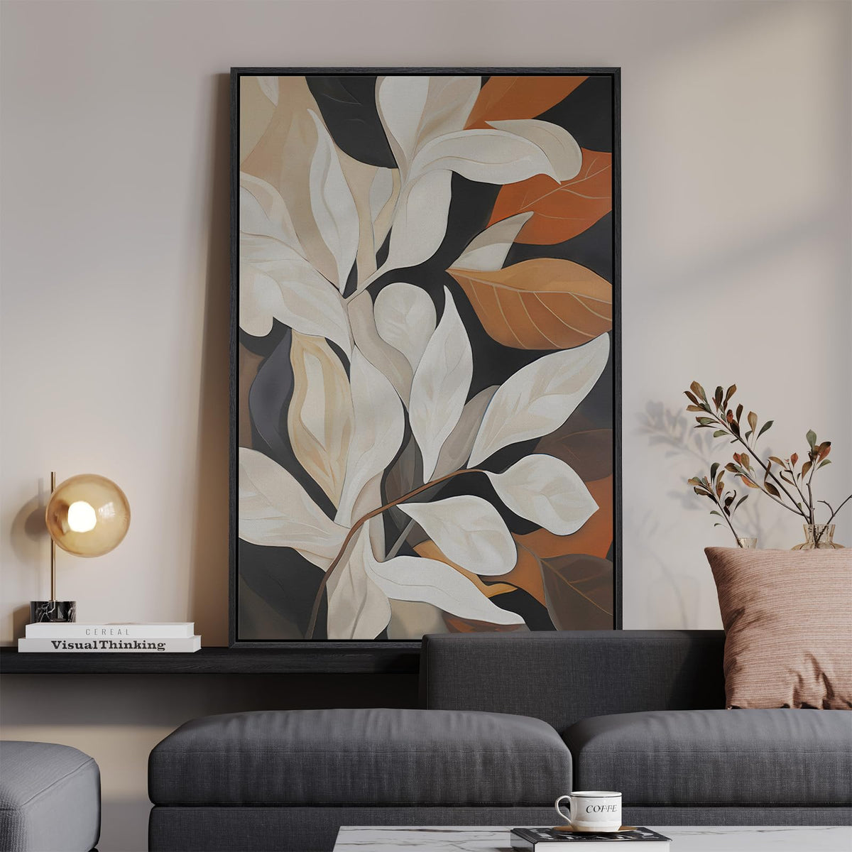 Large Framed Boho Abstract Brown Floral Wall Art for Living Room, 24x36 In