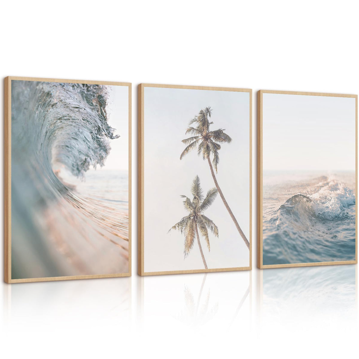 Lhoiplme Beach Wall Art Decor Coastal Ocean Poster Palm Tree Canvas Wall Decor Beachy Room Aesthetic Pictures Blue Waves Prints Beach Coasta Artwork for Bedroom Living Room 12x16 Inch Framed Set of 3