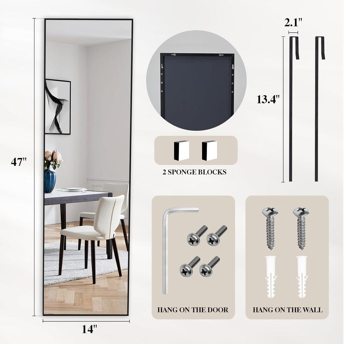 DUMOS 47"x14" Full Length Door Mirror, Full Body Mirror, Black